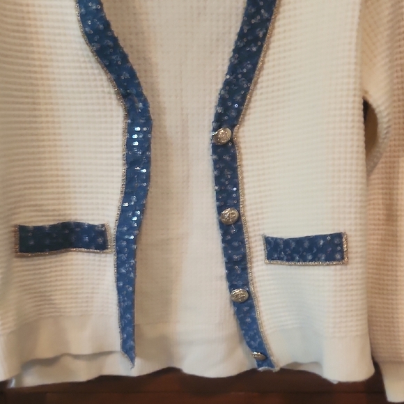 Nanette Lepore Cream Cardigan with Blue Sequin Trim NWOT - Picture 4 of 6